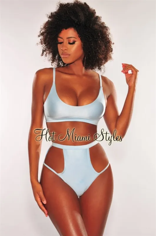 Iced Blue Glistening High Waist Cut Out Bikini Bottom sold by Hot Miami Styles