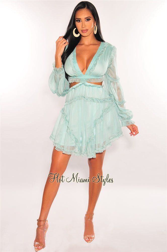 Mint Ruffle Cut Out Lace Up Long Sleeves Dress sold by Hot Miami Styles product image thumbnail 3