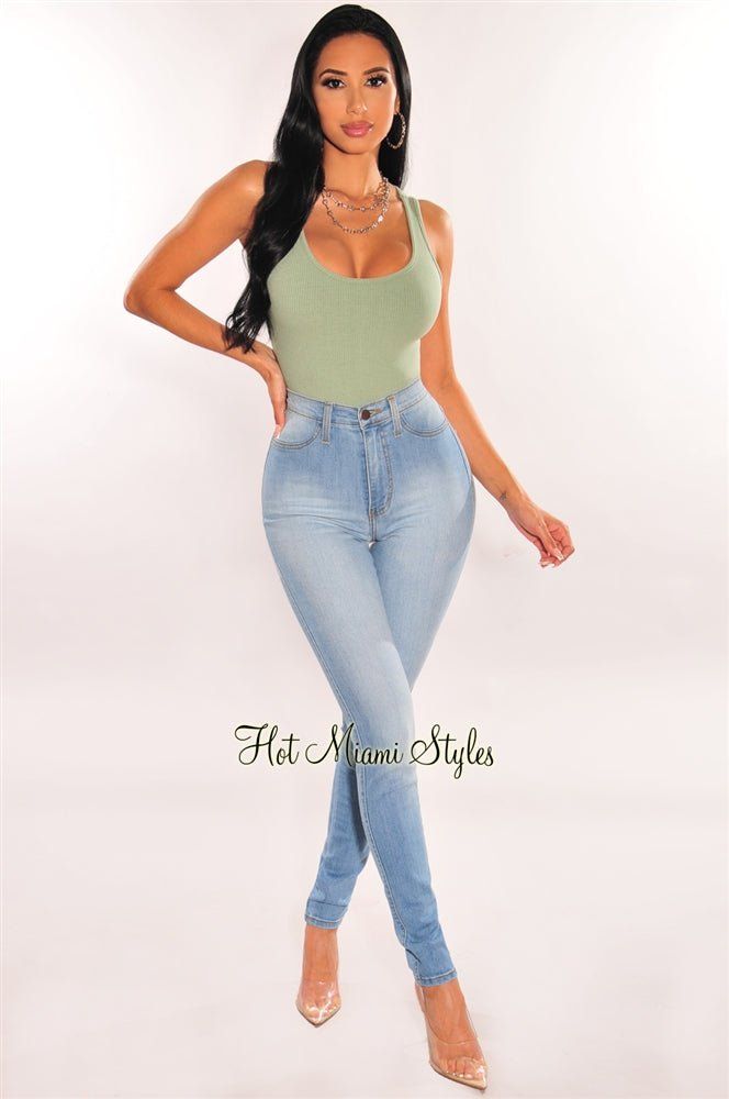 Sage Ribbed Round Neck Sleeveless High Cut Bodysuit sold by Hot Miami Styles product image thumbnail 3