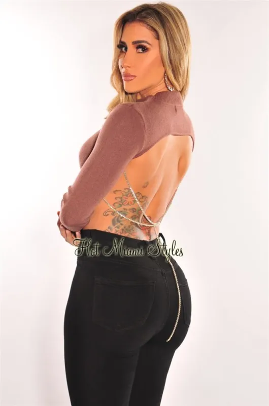 Chocolate Ribbed Knit Long Sleeve Silver Rhinestone Cut Out Back Crop Top sold by Hot Miami Styles