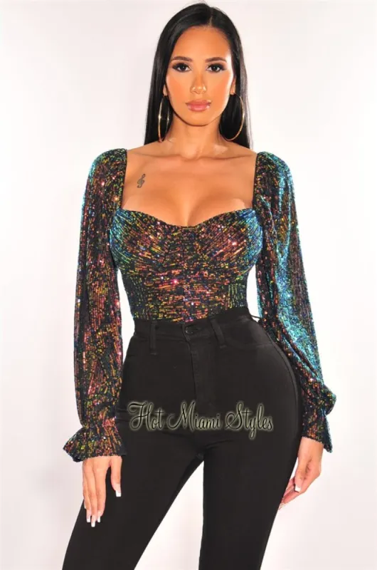 Black iridescent Sequins Padded Long Sleeve Bustier Crop Top sold by Hot Miami Styles