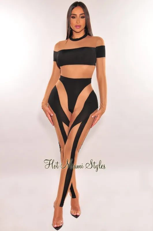 Black Nude Mock Neck Sheer Mesh Long Sleeve Jumpsuit sold by Hot Miami Styles