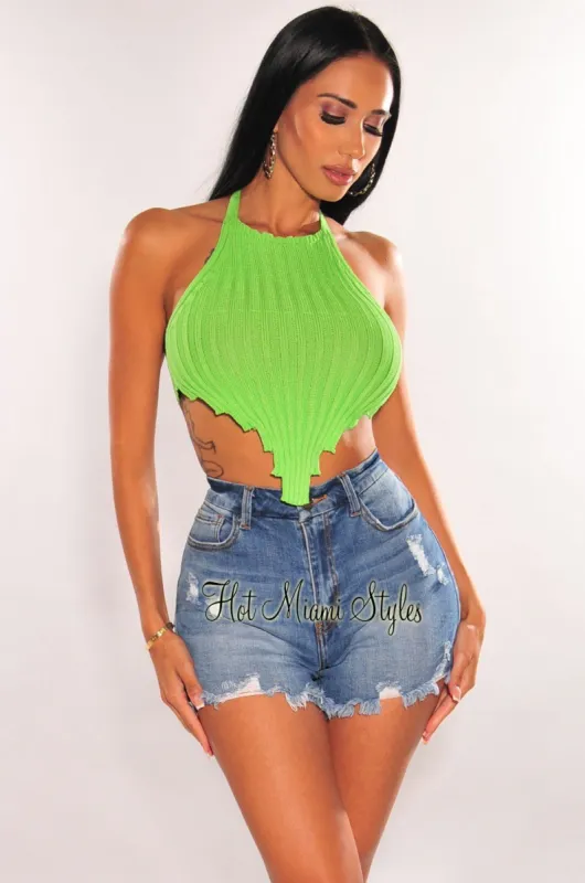 Lime Green Ribbed Knit Halter Asymmetrical Hem Crop Top sold by Hot Miami Styles
