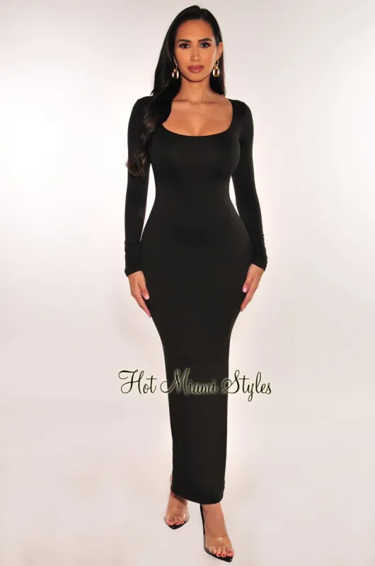 Black Round Neck Long Sleeve Maxi Dress sold by Hot Miami Styles