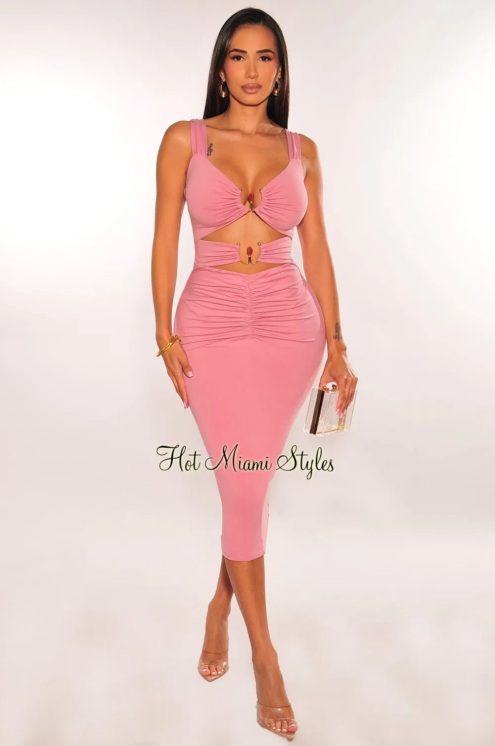 Mauve Stone Ring Cut Out Ruched Dress sold by Hot Miami Styles