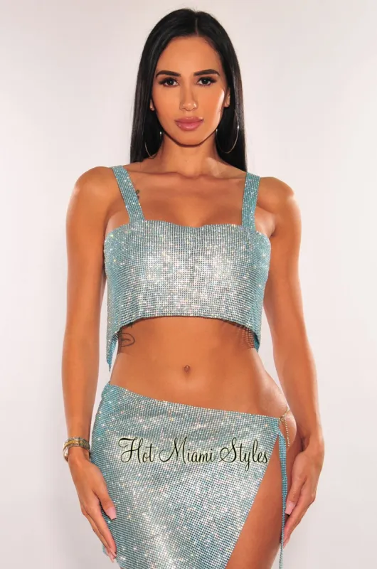 Sky Blue Rhinestone Mesh Chain Crop Top sold by Hot Miami Styles