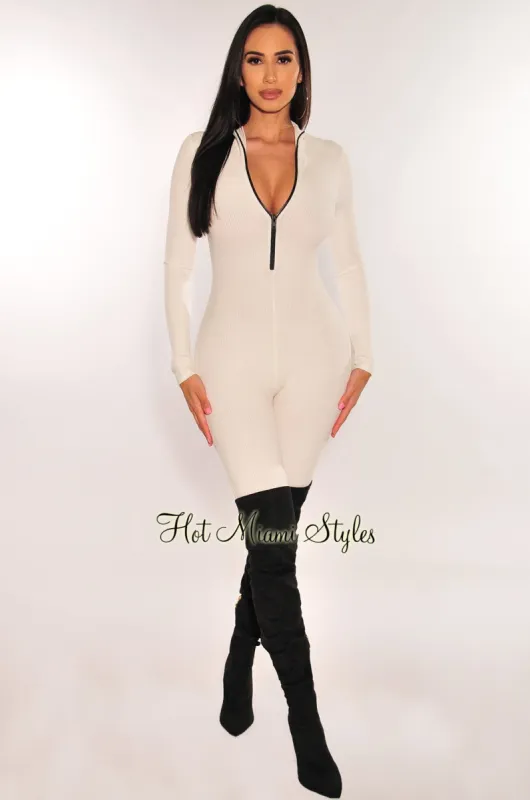 White Ribbed Zipper Long Sleeve Jumpsuit sold by Hot Miami Styles