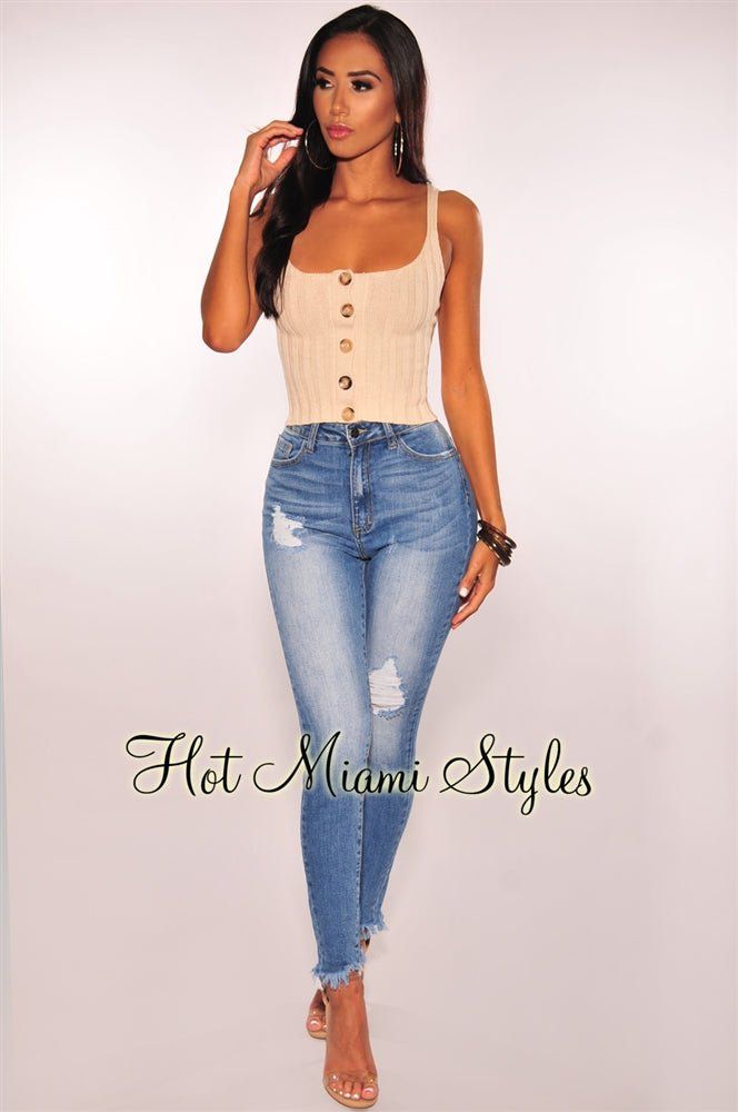 Nude Ribbed Knit Button Crop Top sold by Hot Miami Styles product image thumbnail 5