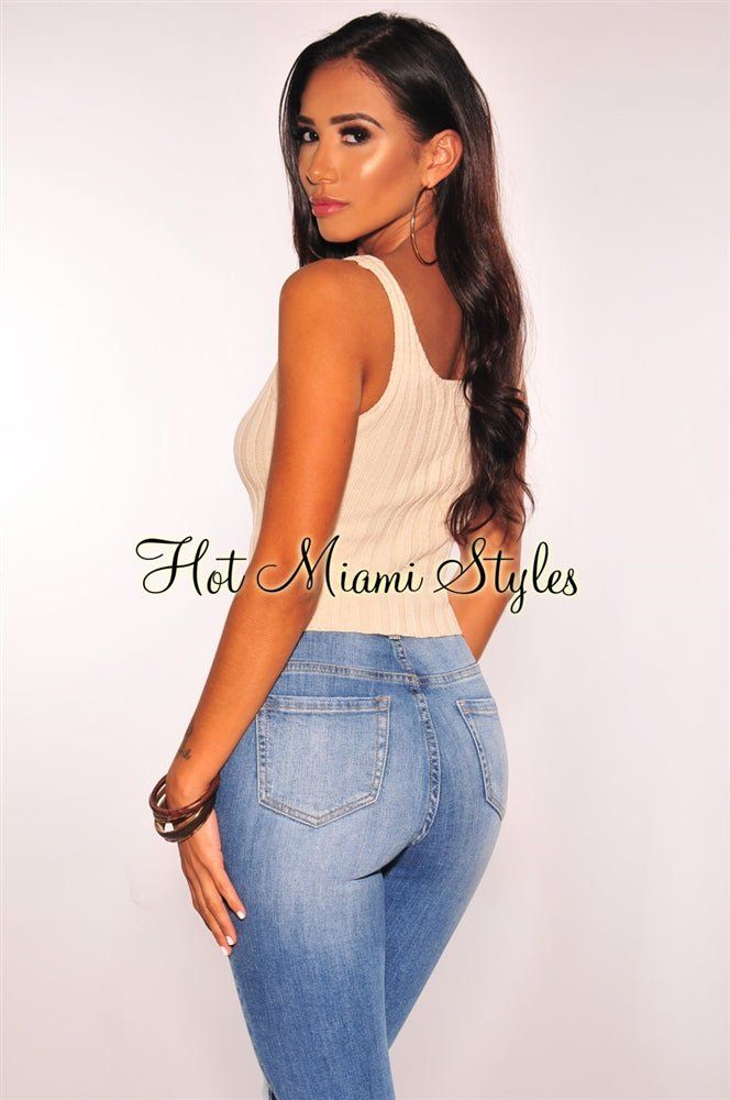 Nude Ribbed Knit Button Crop Top sold by Hot Miami Styles product image thumbnail 3