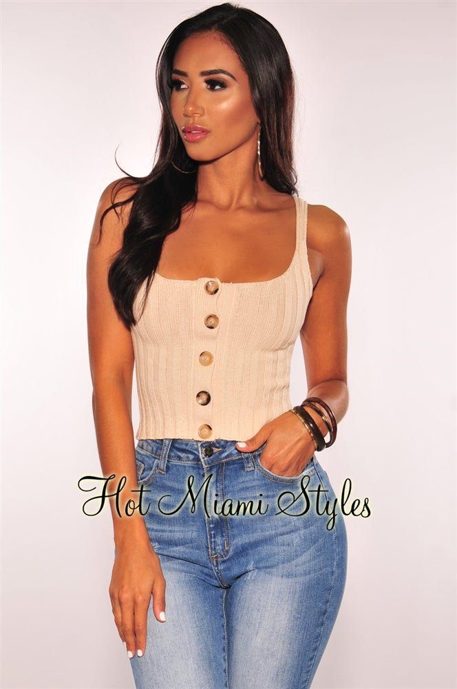 Nude Ribbed Knit Button Crop Top sold by Hot Miami Styles
