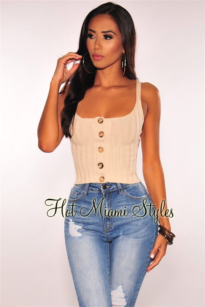 Nude Ribbed Knit Button Crop Top sold by Hot Miami Styles product image thumbnail 2