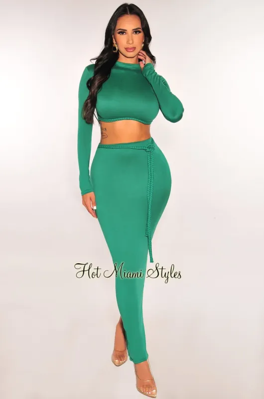 Emerald Long Sleeve Mock Neck Braided Belt Vent Slit Skirt Two Piece Set sold by Hot Miami Styles