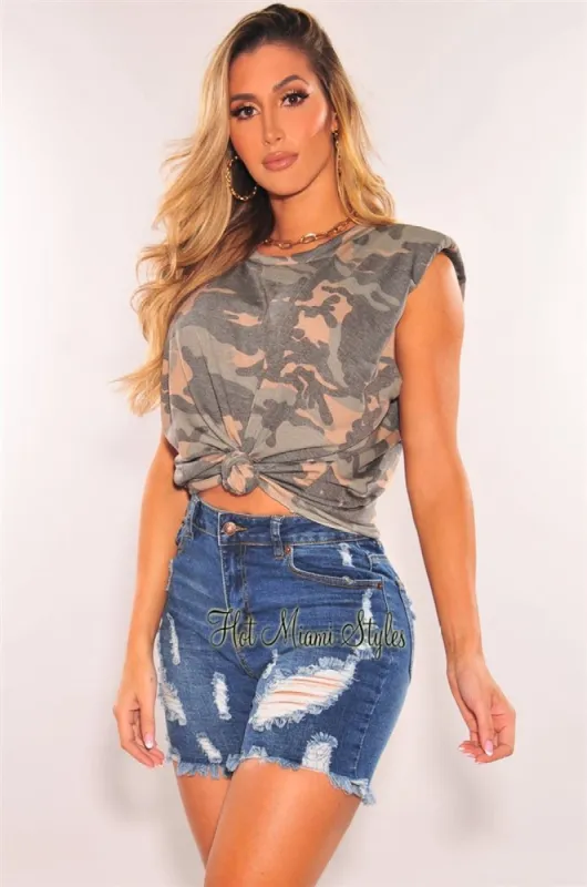 Army Camo Print Padded Shoulders T Shirt Top sold by Hot Miami Styles