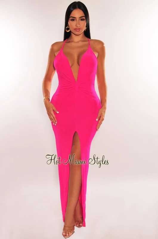 Hot Pink Plunge Knotted Criss Cross Back Slit Maxi Dress sold by Hot Miami Styles