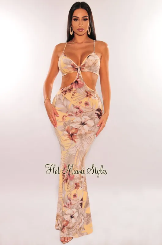 Yellow Tropical Print Spaghetti Straps Cut Out Maxi Dress sold by Hot Miami Styles
