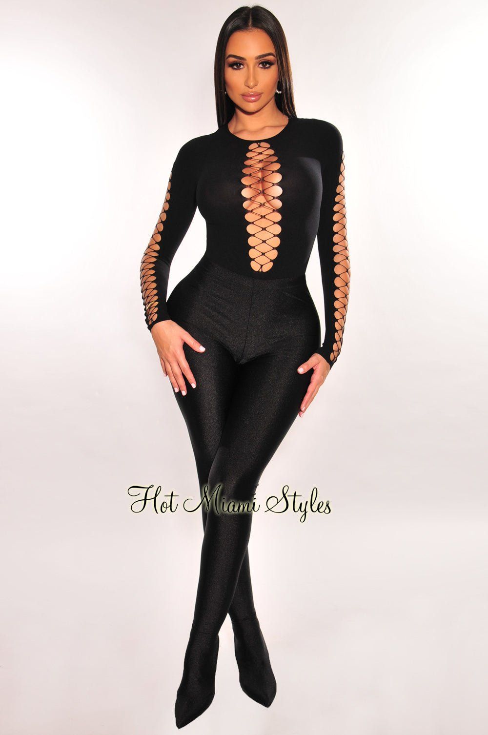 Black Round Neck Lace Up Long Sleeve Seamless Bodysuit sold by Hot Miami Styles product image thumbnail 3