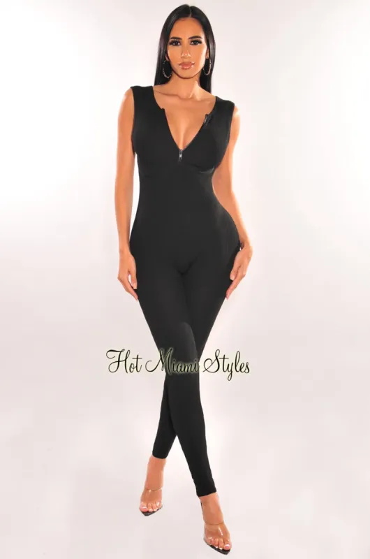Black Ribbed Knit Sleeveless Zipper Jumpsuit sold by Hot Miami Styles