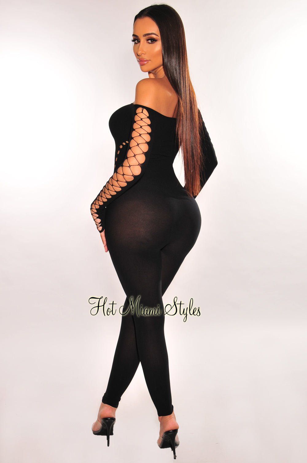 Black Round Neck Lace Up Long Sleeve Seamless Bodysuit sold by Hot Miami Styles product image thumbnail 4