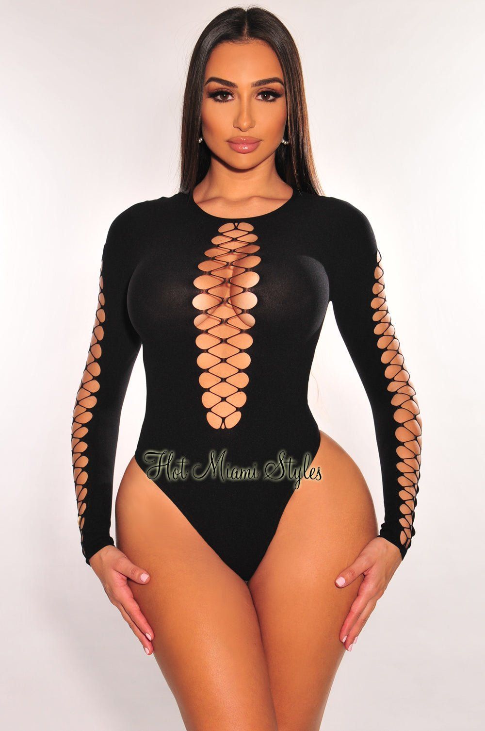 Black Round Neck Lace Up Long Sleeve Seamless Bodysuit sold by Hot Miami Styles