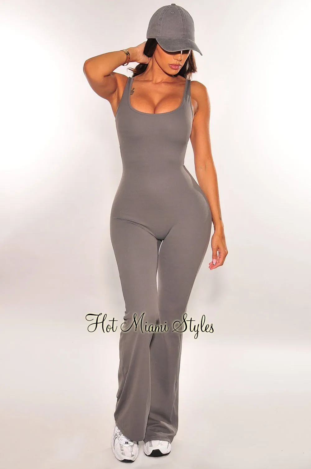 HMS Fit: Gray Padded Open Back Ruched Butt Flared Jumpsuit sold by Hot Miami Styles product image thumbnail 2