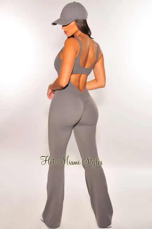 HMS Fit: Gray Padded Open Back Ruched Butt Flared Jumpsuit sold by Hot Miami Styles
