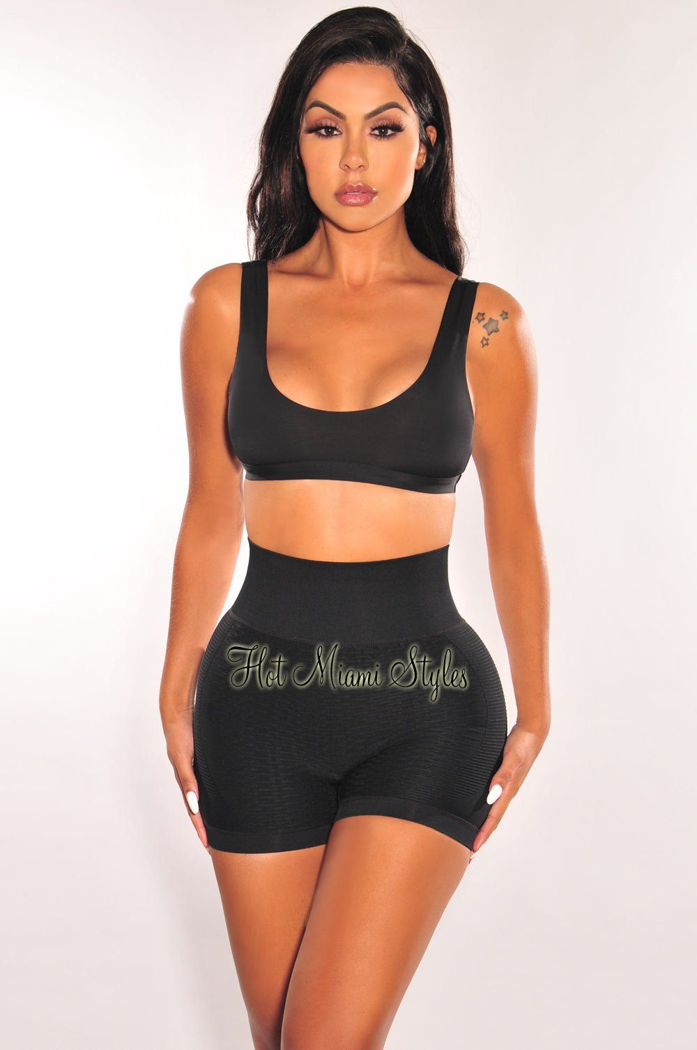 HMS Fit: Black High Waist Butt Lifting Textured Shorts sold by Hot Miami Styles product image thumbnail 2