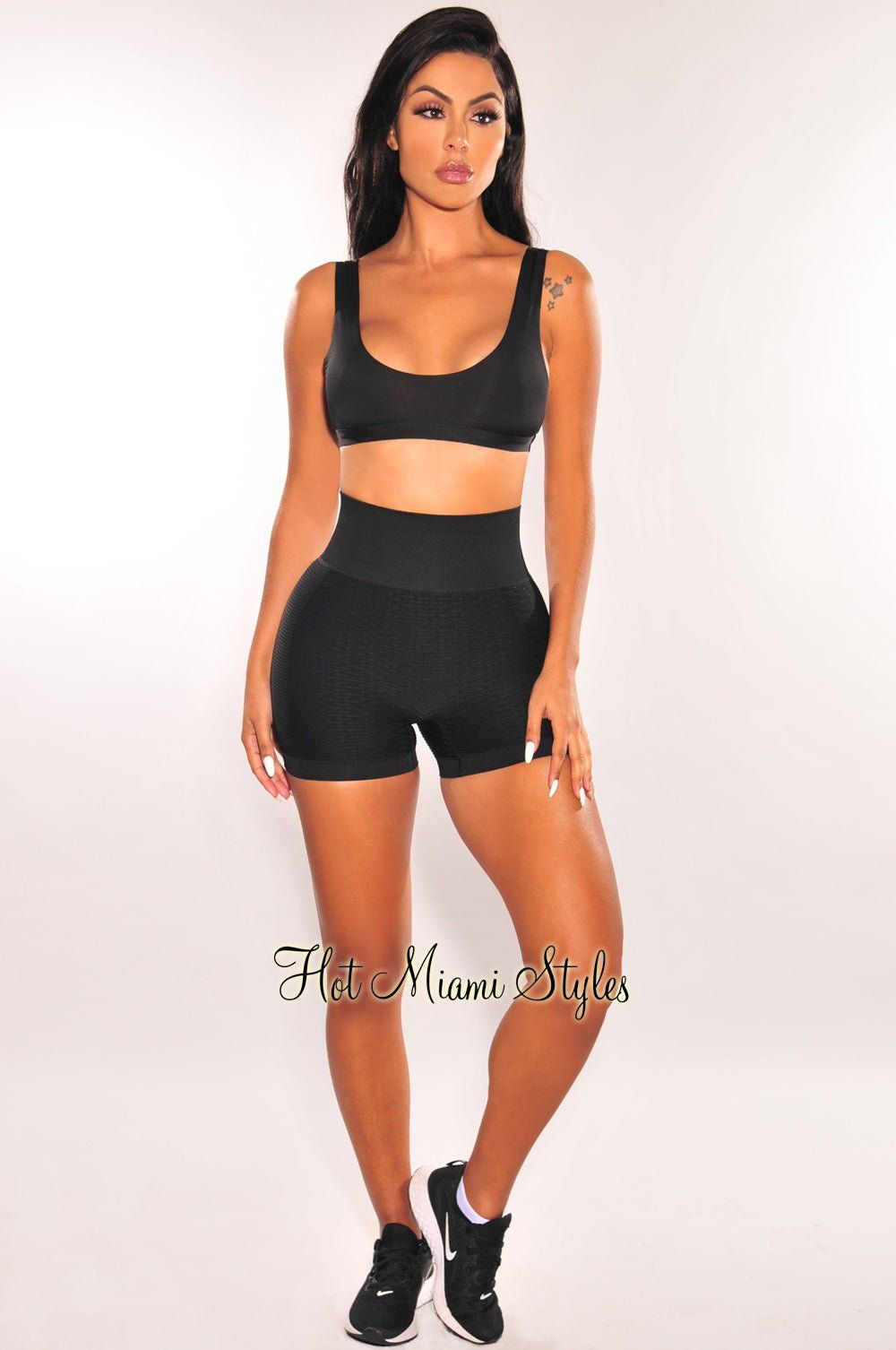 HMS Fit: Black High Waist Butt Lifting Textured Shorts sold by Hot Miami Styles product image thumbnail 3