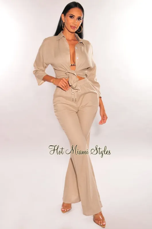 Taupe Linen Collared Button Up ¾ Sleeves Palazzo Pants Two Piece Set sold by Hot Miami Styles