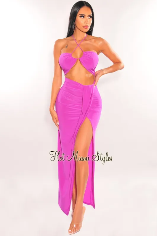 Magenta Halter Keyhole Knotted Slit Skirt Two Piece Set sold by Hot Miami Styles