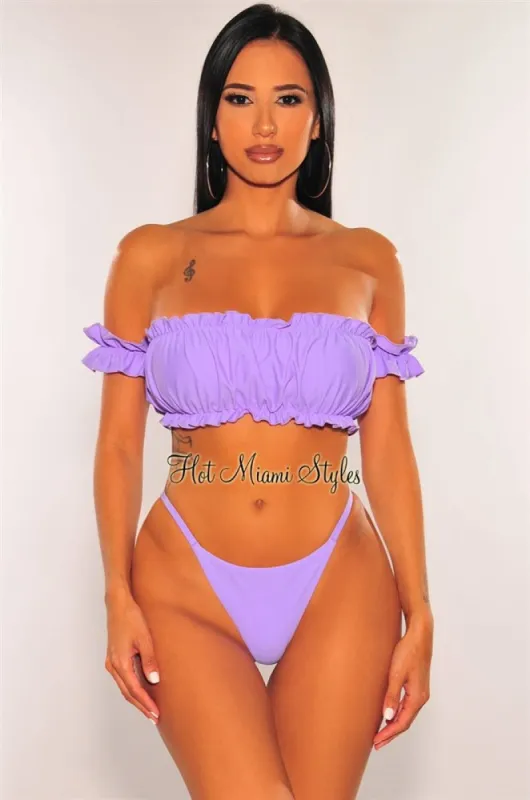 Lilac Off Shoulder Ruffle Scrunch Butt Bikini Top sold by Hot Miami Styles