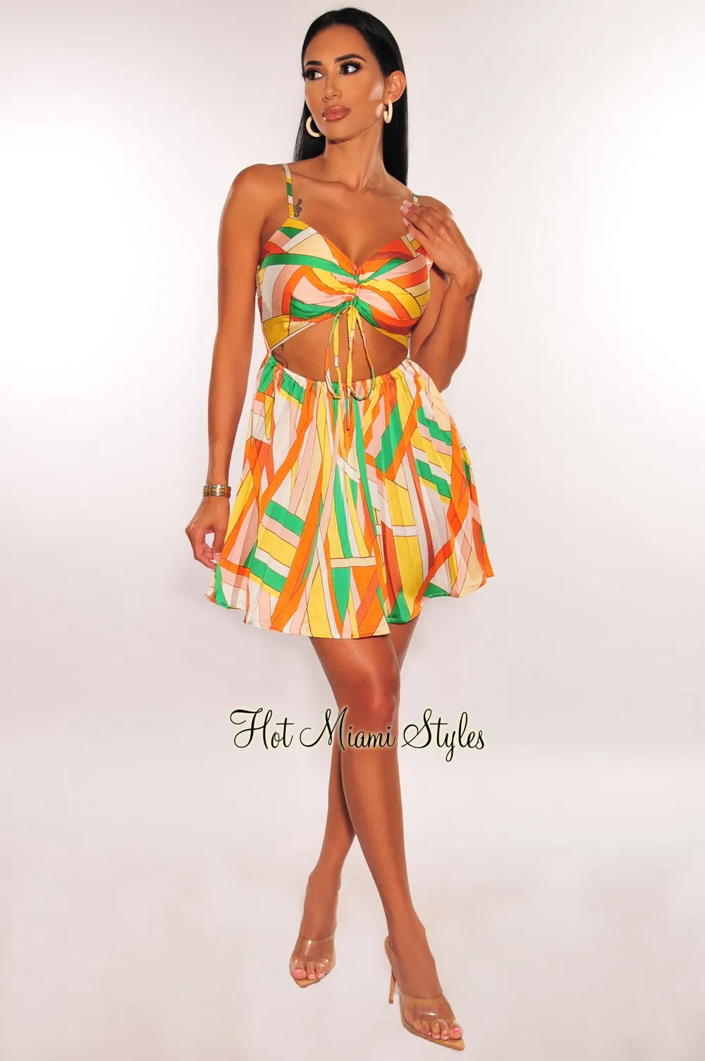 Yellow MultiColor Print Spaghetti Strap Ruched Cut Out Pleated Mini Dress sold by Hot Miami Styles product image thumbnail 3