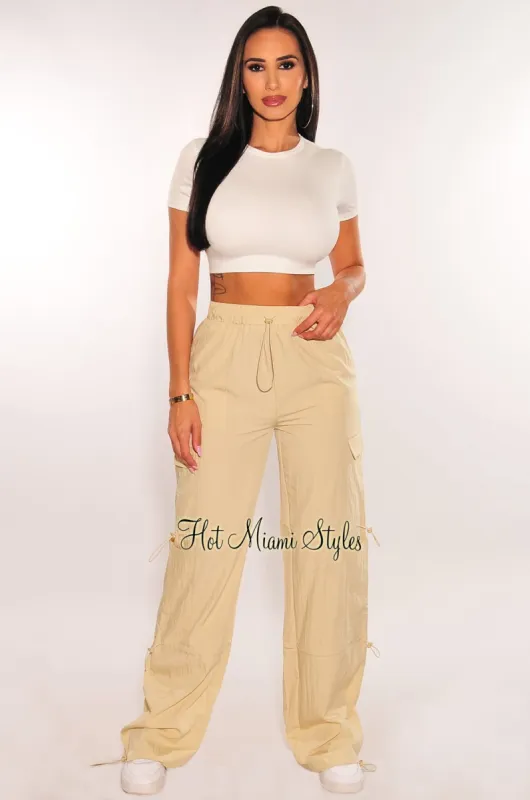 Cream Wide Leg Drawstring Cargo Pants sold by Hot Miami Styles