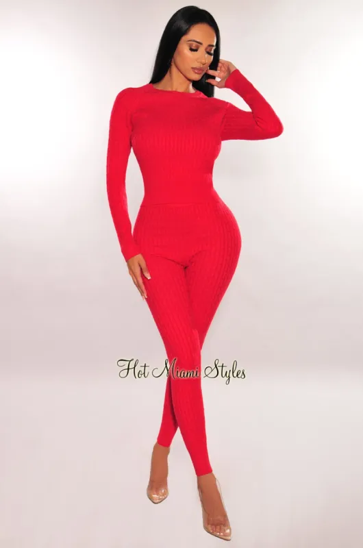 Red Cable Knit Round Neck Long Sleeve Pants Two Piece Set sold by Hot Miami Styles