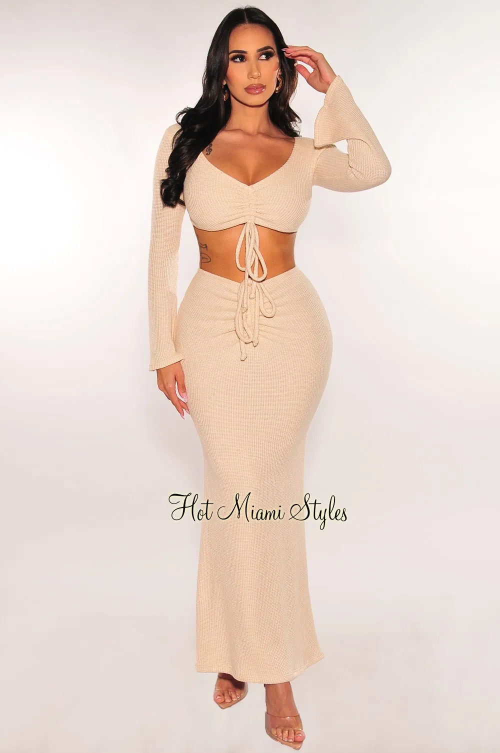 Cream Knit Drawstring Bell Sleeve Maxi Skirt Two Piece Set sold by Hot Miami Styles