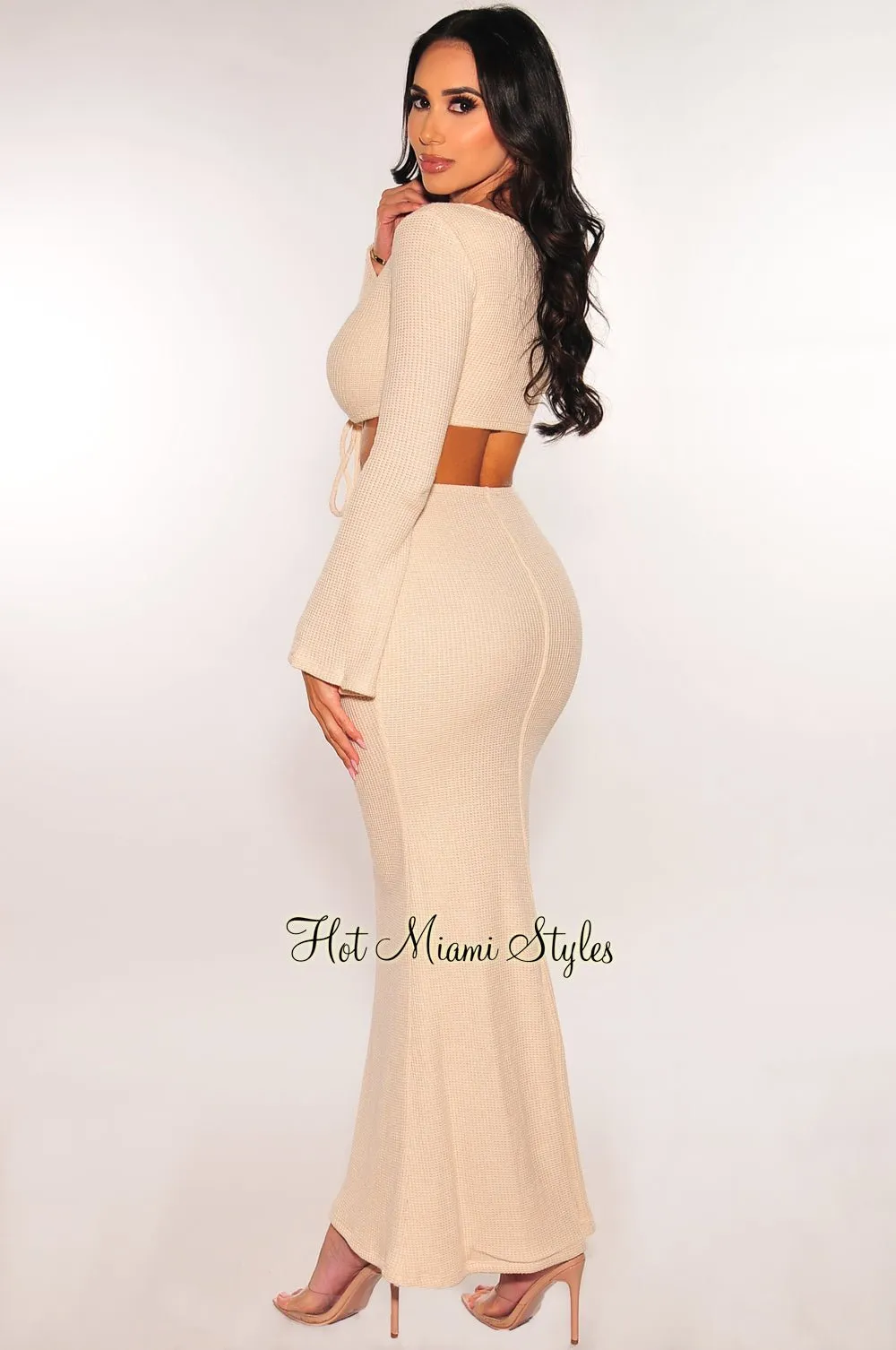 Cream Knit Drawstring Bell Sleeve Maxi Skirt Two Piece Set sold by Hot Miami Styles product image thumbnail 2