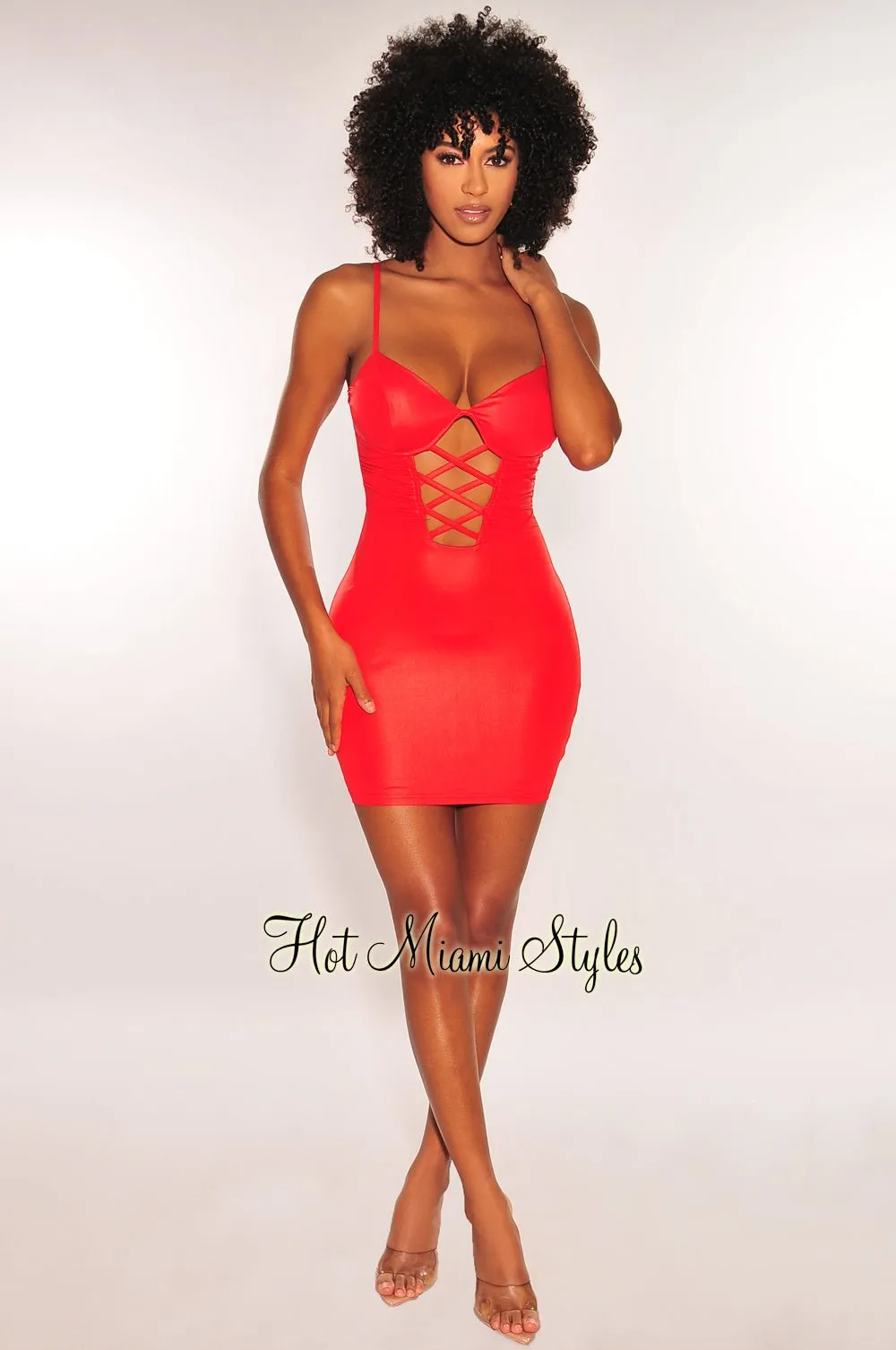 Red Satin Spaghetti Straps Padded Underwire Lace Up Cut Out Mini Dress sold by Hot Miami Styles product image thumbnail 3