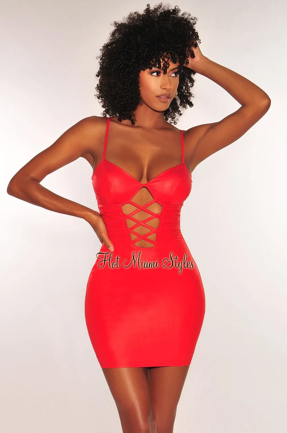 Red Satin Spaghetti Straps Padded Underwire Lace Up Cut Out Mini Dress sold by Hot Miami Styles