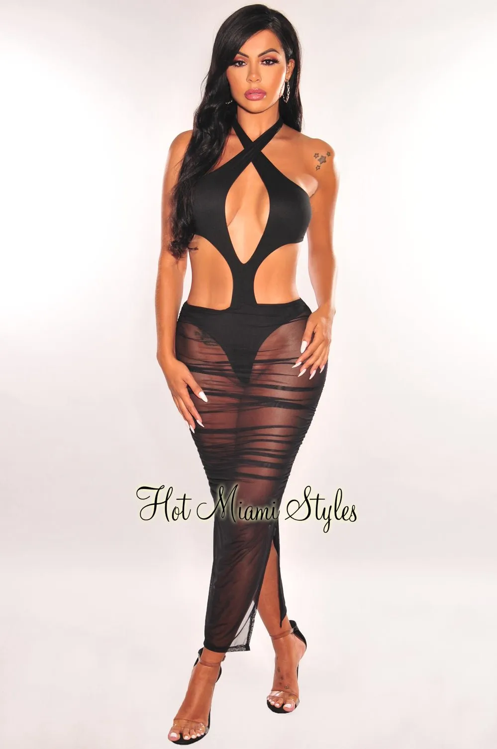 Black Halter Tie Up Cut Out Mesh Ruched Dress sold by Hot Miami Styles