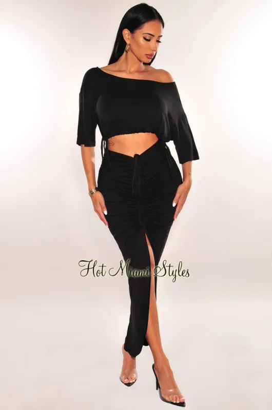 Black Drawstring Ruched Slit Skirt Two Piece Set sold by Hot Miami Styles