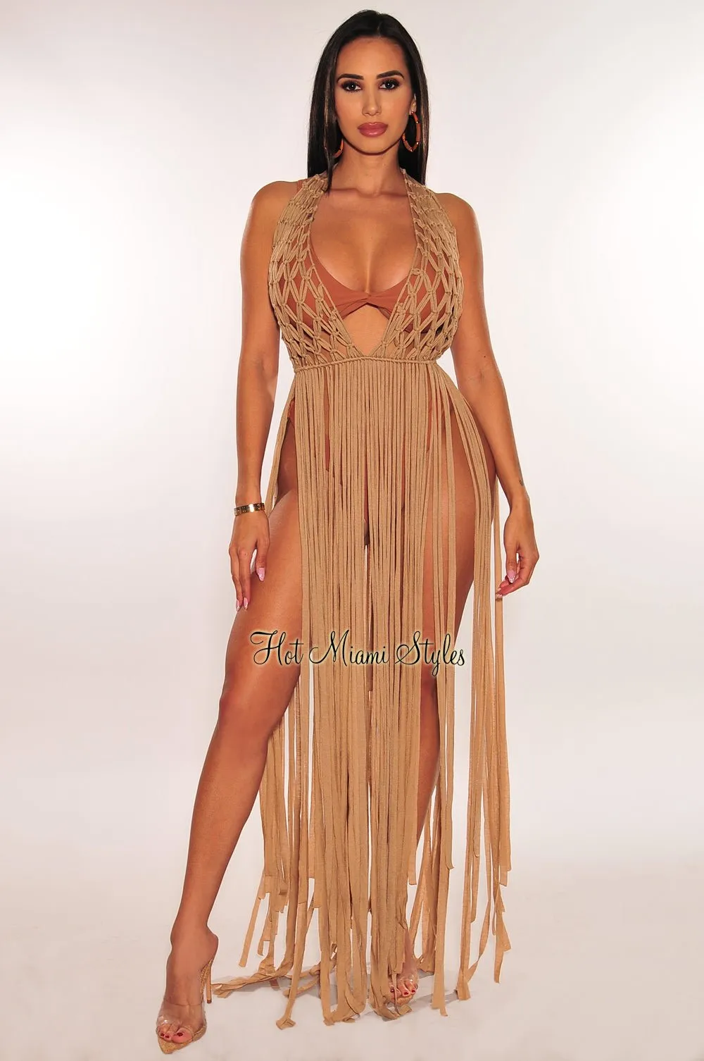 Mocha Crochet Halter Fringe Cover Up Dress sold by Hot Miami Styles product image thumbnail 2