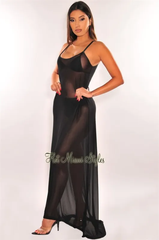 Black Mesh Sheer Spaghetti Straps Maxi Dress Cover Up sold by Hot Miami Styles