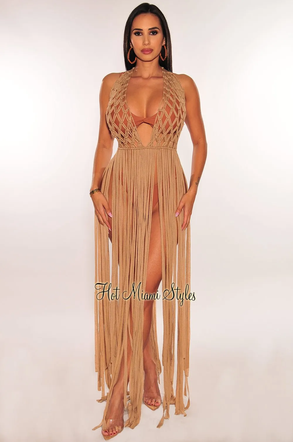 Mocha Crochet Halter Fringe Cover Up Dress sold by Hot Miami Styles
