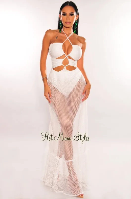 White Halter Lace Up Cut Out Fishnet Maxi Dress sold by Hot Miami Styles
