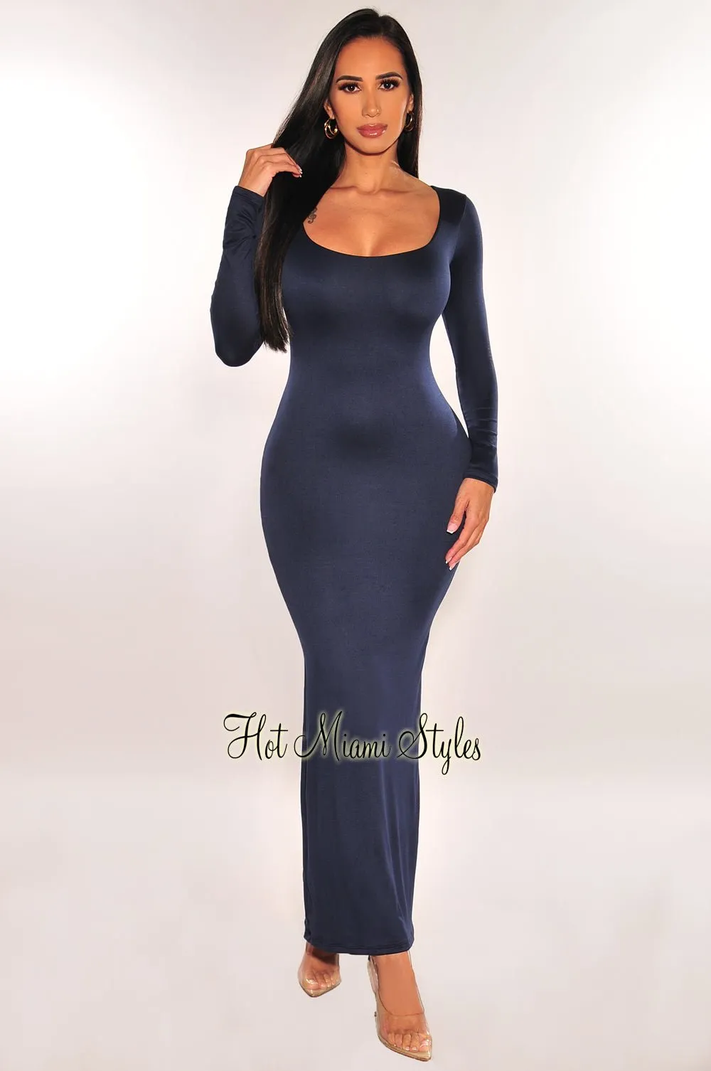 Navy Round Neck Long Sleeve Maxi Dress sold by Hot Miami Styles