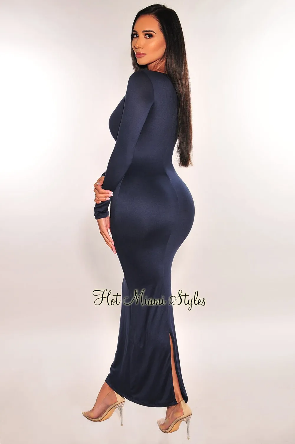Navy Round Neck Long Sleeve Maxi Dress sold by Hot Miami Styles product image thumbnail 2