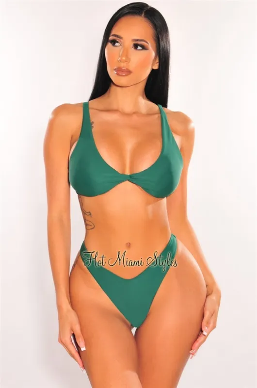 Emerald Padded Knotted Spaghetti Straps High Cut Bikini Bottom sold by Hot Miami Styles