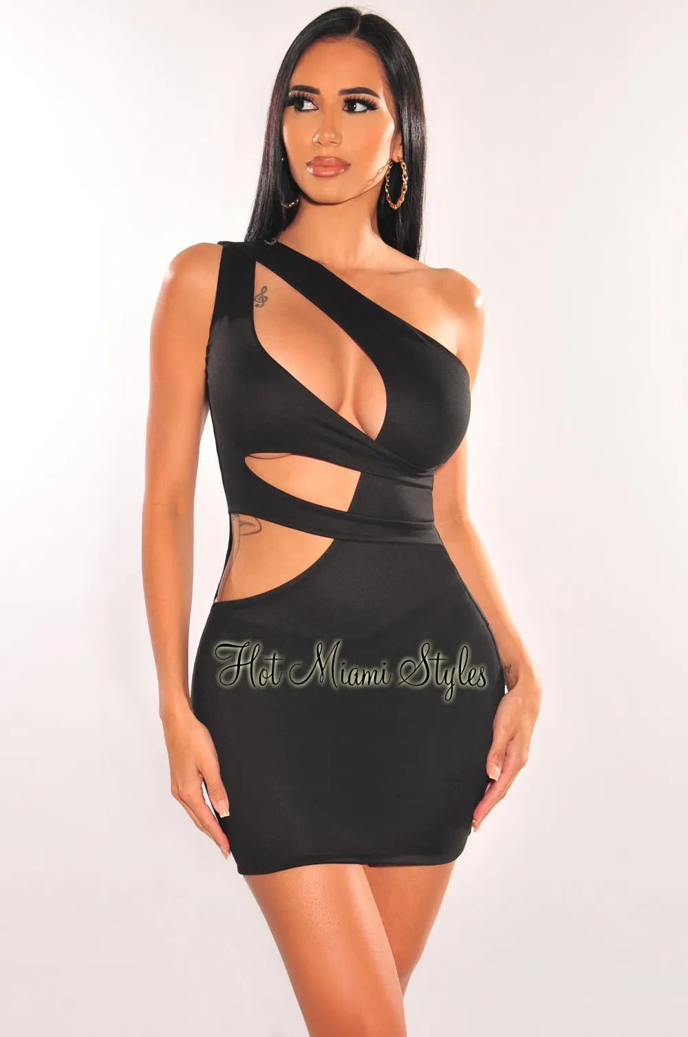 Black One Shoulder Cut Out Mini Dress sold by Hot Miami Styles