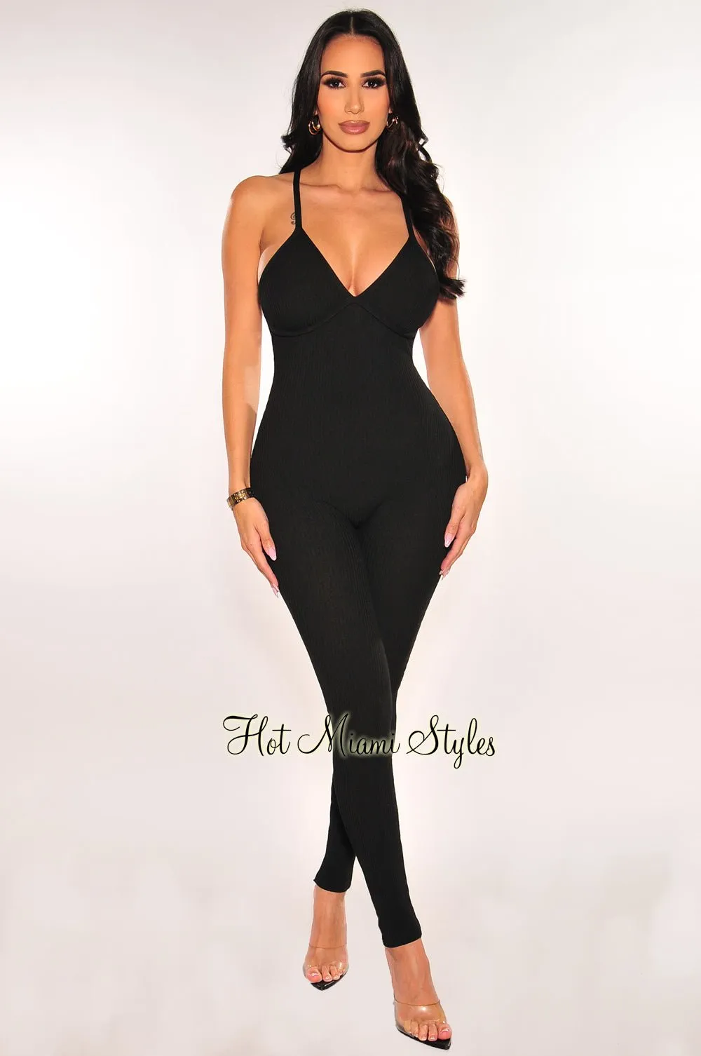 Black Ribbed Faux Bustier CrissCross Back Jumpsuit sold by Hot Miami Styles