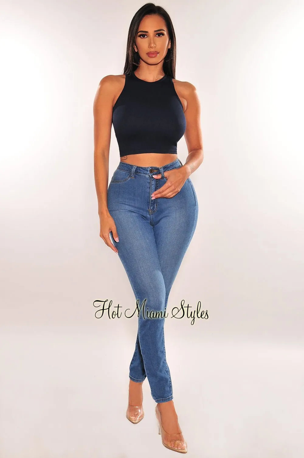 HMS ESSENTIAL: Navy Ribbed Seamless Sleeveless Crop Top sold by Hot Miami Styles product image thumbnail 3