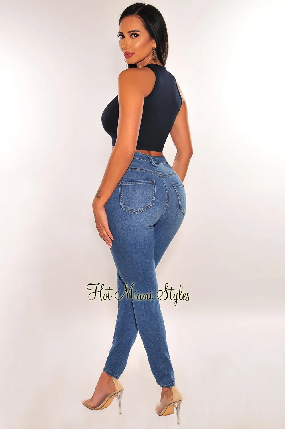 HMS ESSENTIAL: Navy Ribbed Seamless Sleeveless Crop Top sold by Hot Miami Styles product image thumbnail 4